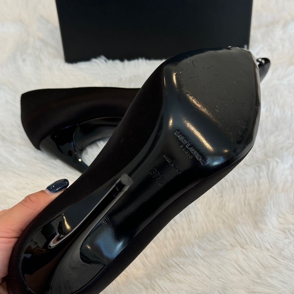 Saint Laurent Black Satin Pointed Toe Pumps with Crystal Trim - Picture 5 of 6